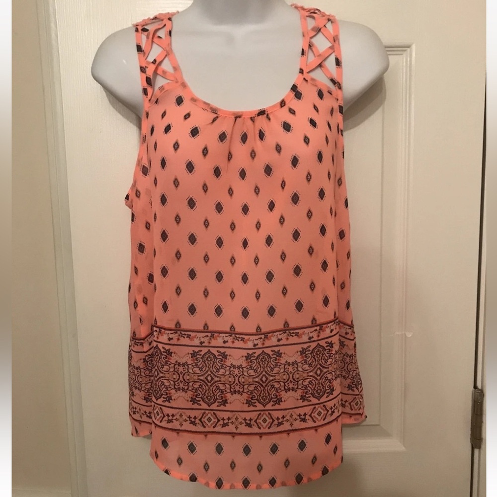 MINE Women's Juniors Pink Tangerine Lace Sheer Sleeveless Blouse Size S